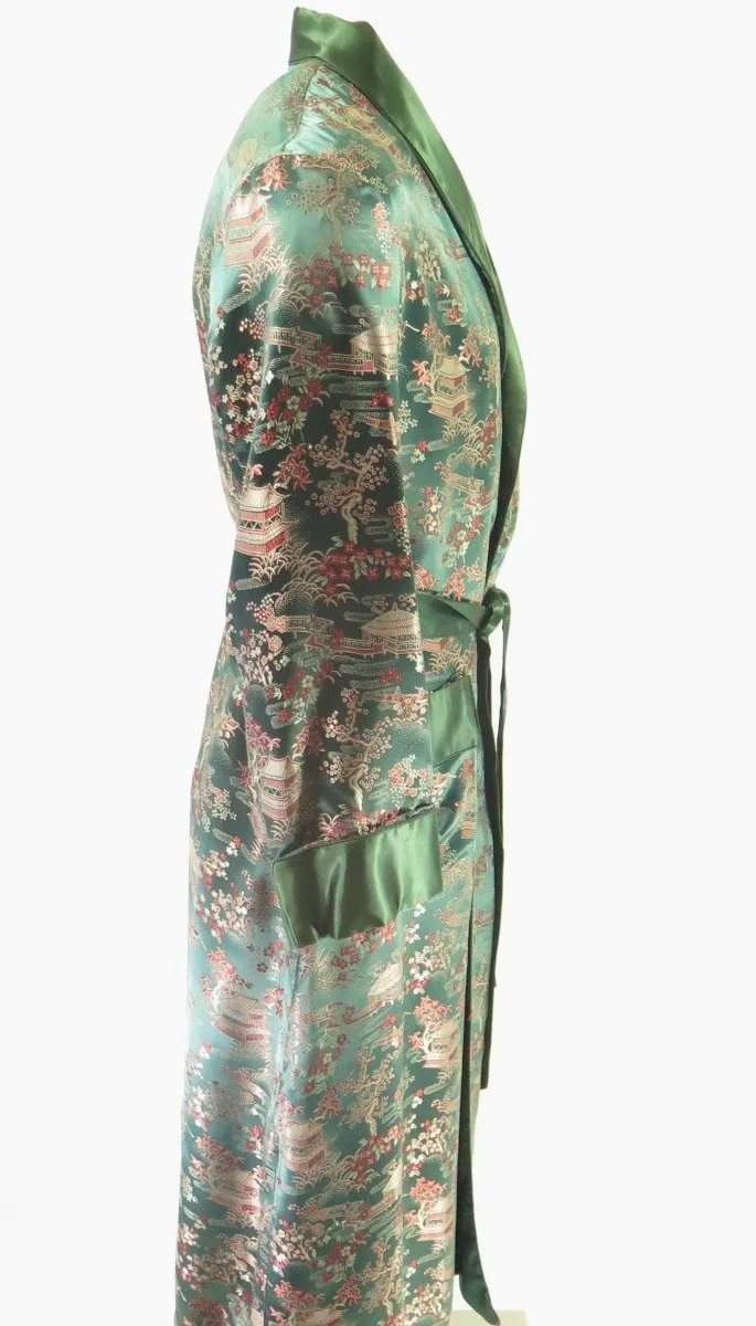 Vintage 60s Emerald Green Rayon Brocade Robe sz S-L Lounge Wear Dressing Shiny