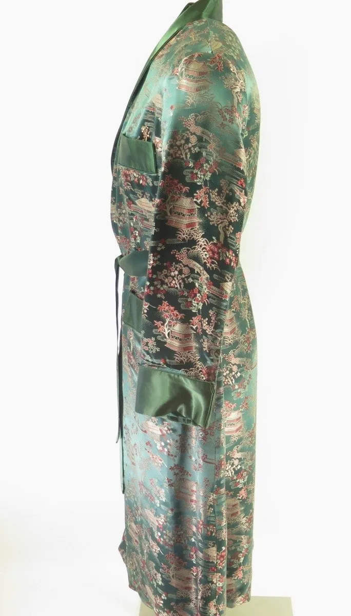 Vintage 60s Emerald Green Rayon Brocade Robe sz S-L Lounge Wear Dressing Shiny