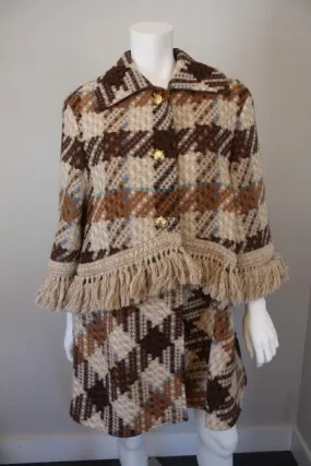 Vintage 70's VALENTINO Woven Plaid Wool Coat with Amazing Fringe & Gold Turtle Buttons