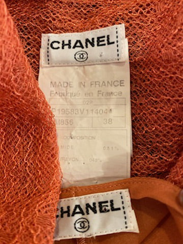 Vintage Chanel 02P, 2002 Spring 2-piece Orange Top Blouse Camisole sheer Lace Set FR 38