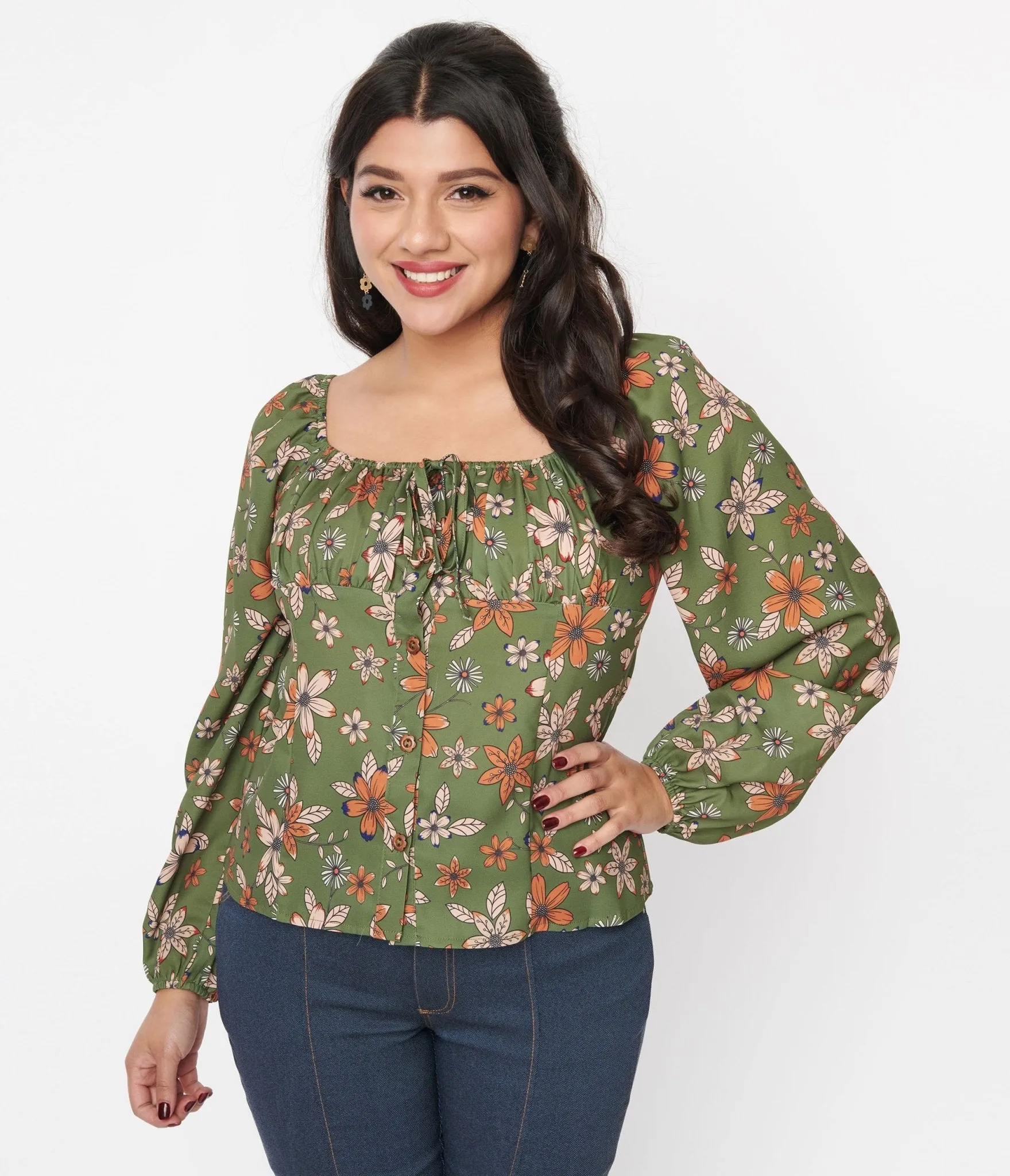 Voodoo Vixen Olive Green Modern Floral Long Sleeve Top