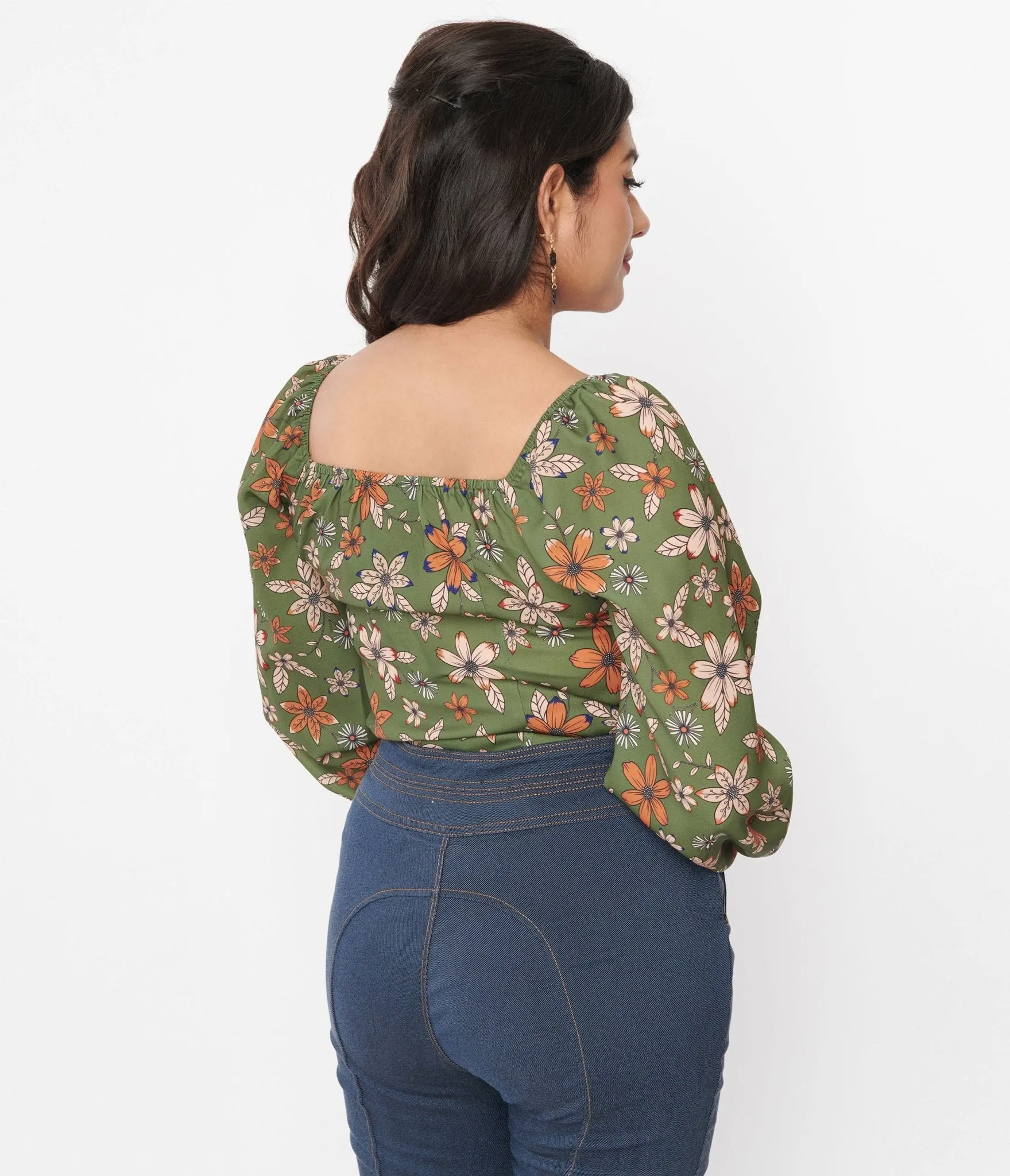 Voodoo Vixen Olive Green Modern Floral Long Sleeve Top