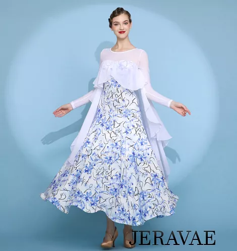 White and Blue Floral Long Sleeve Ballroom Practice Dress with Illusion Neckline and White Chiffon Ruffle Capelet Style Attached