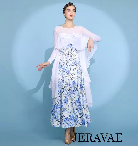 White and Blue Floral Long Sleeve Ballroom Practice Dress with Illusion Neckline and White Chiffon Ruffle Capelet Style Attached