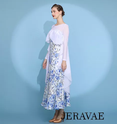 White and Blue Floral Long Sleeve Ballroom Practice Dress with Illusion Neckline and White Chiffon Ruffle Capelet Style Attached