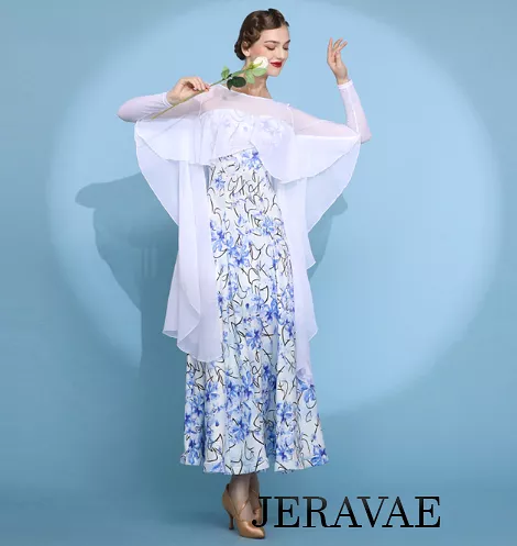 White and Blue Floral Long Sleeve Ballroom Practice Dress with Illusion Neckline and White Chiffon Ruffle Capelet Style Attached