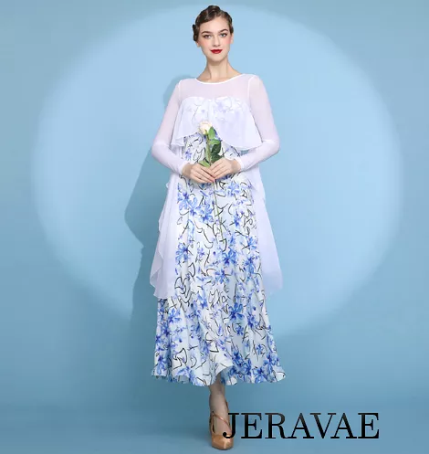 White and Blue Floral Long Sleeve Ballroom Practice Dress with Illusion Neckline and White Chiffon Ruffle Capelet Style Attached