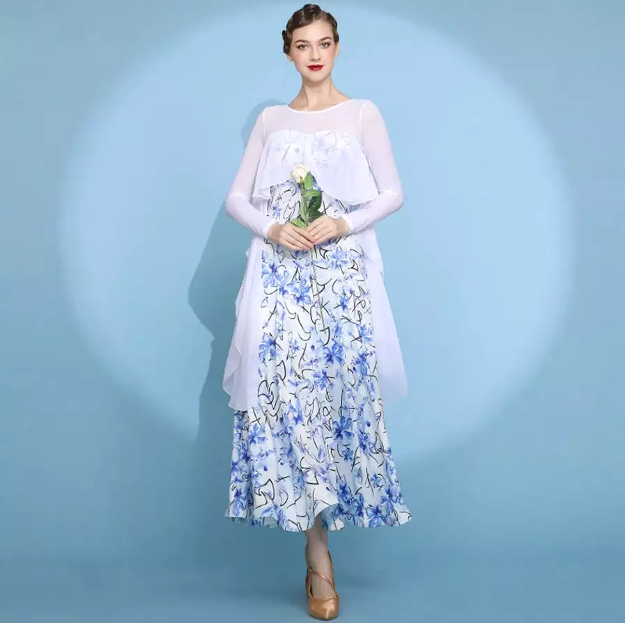 White and Blue Floral Long Sleeve Ballroom Practice Dress with Illusion Neckline and White Chiffon Ruffle Capelet Style Attached