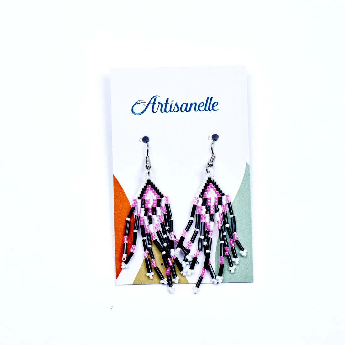 White and Pink Fringe Beaded Earrings