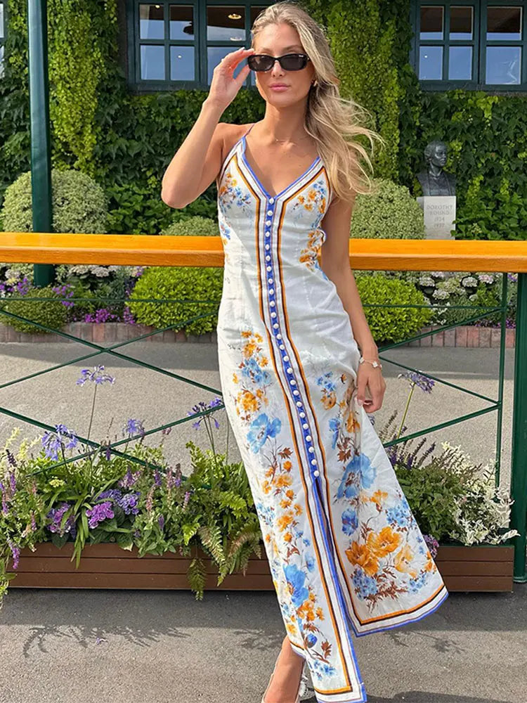 Woman Summer Tropical Print Sleeveless Backless Female Maxi Dresses