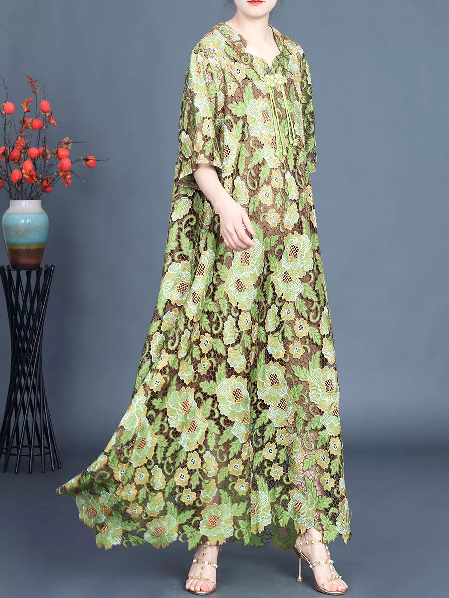 Women Artsy Summer Flower Lace Dual-layer Maxi Dress KL1051