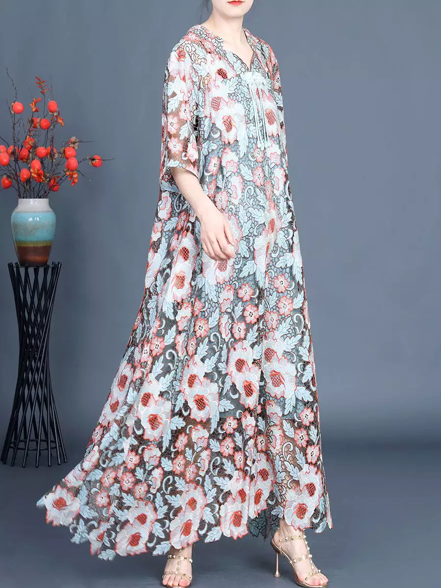 Women Artsy Summer Flower Lace Dual-layer Maxi Dress KL1051