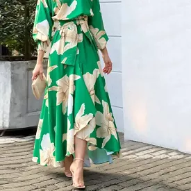 Women Maxi Dress Fashion Casual Floral Print Lantern Long Sleeve Lace Up Sloping Shoulders Dresses High Streetwear B-28496