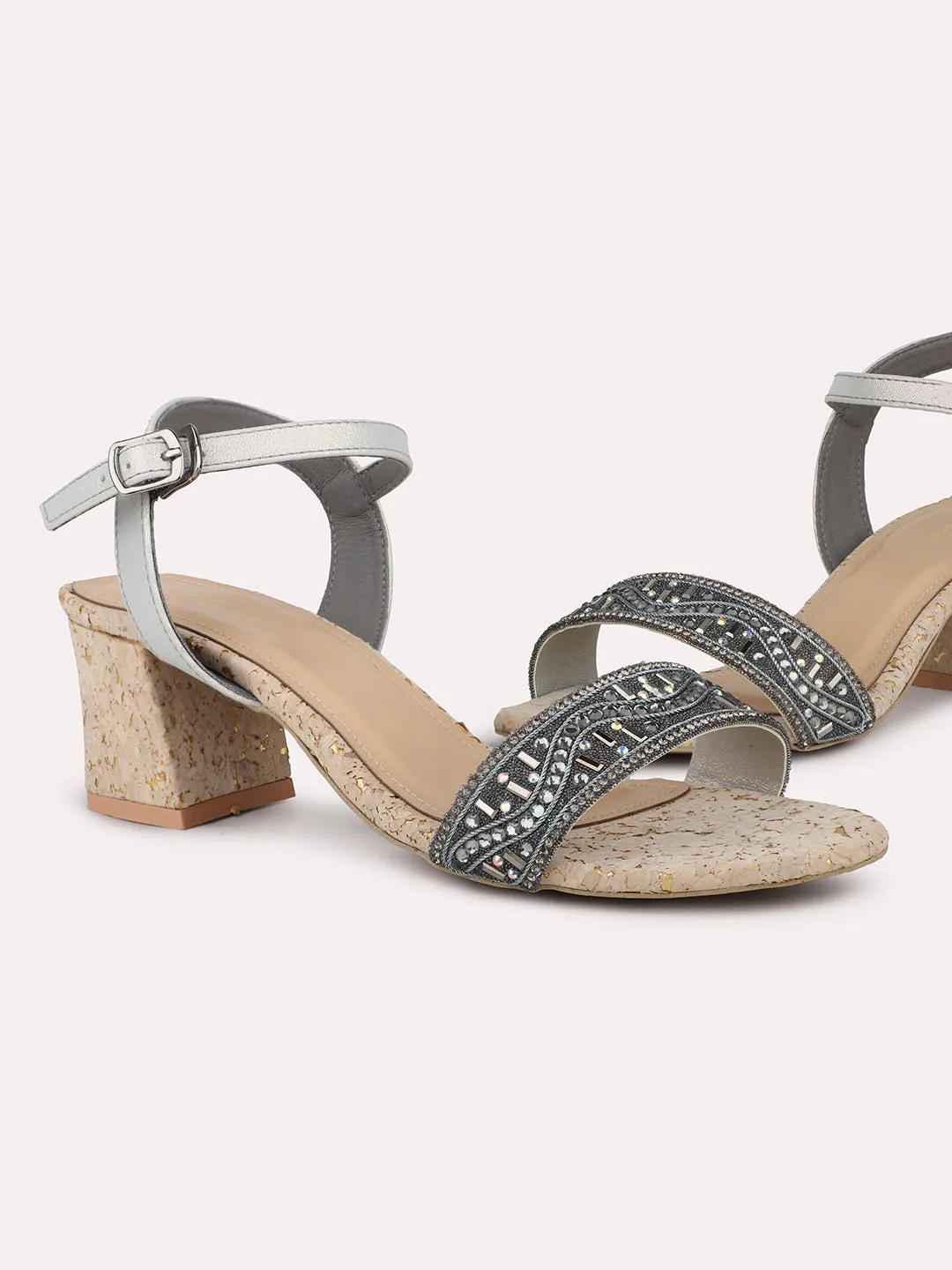 Women Pewter Embellished Cork Block Heels With Backstrap