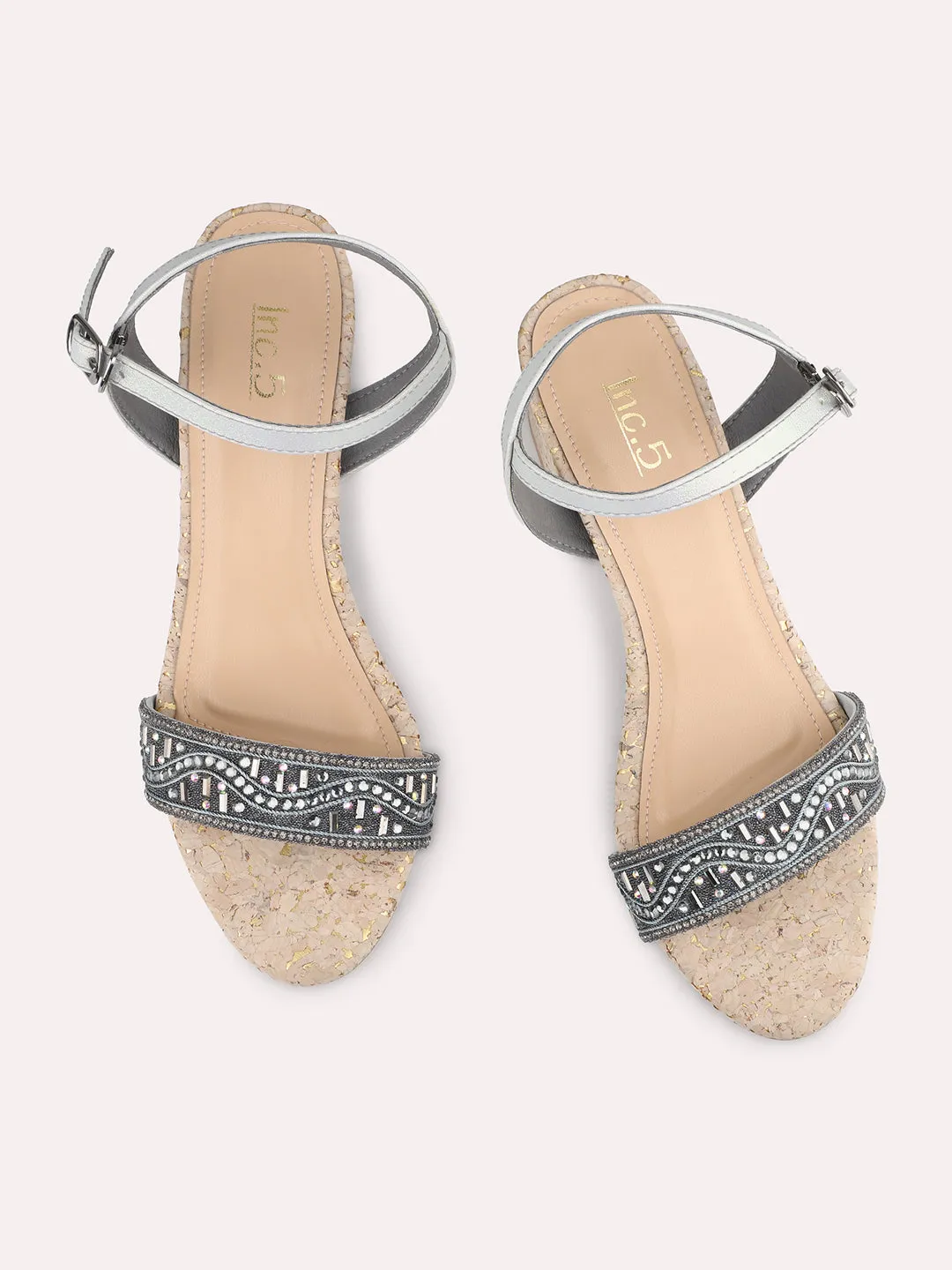 Women Pewter Embellished Cork Block Heels With Backstrap