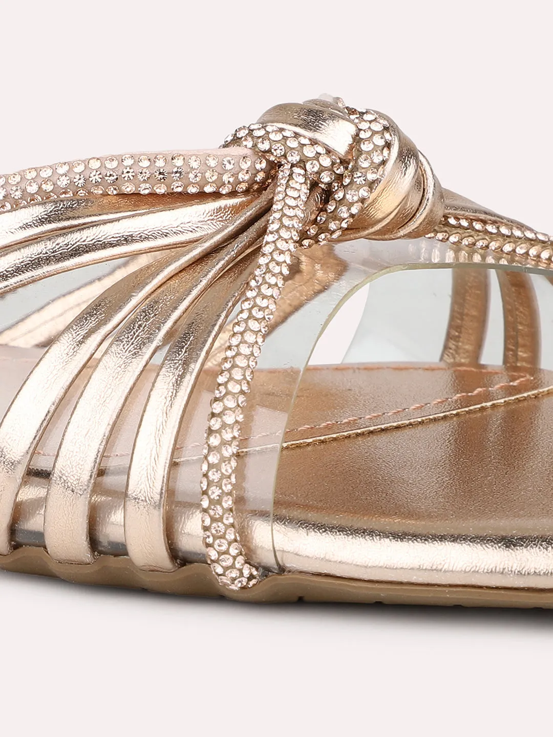 Women Rose Gold Embellished Strappy Open Toe Flats with Knot Detail