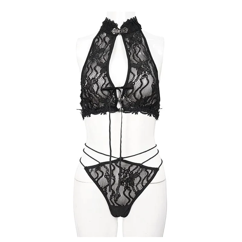 Women's Gothic Halterneck Lace Bra Lingerie Set