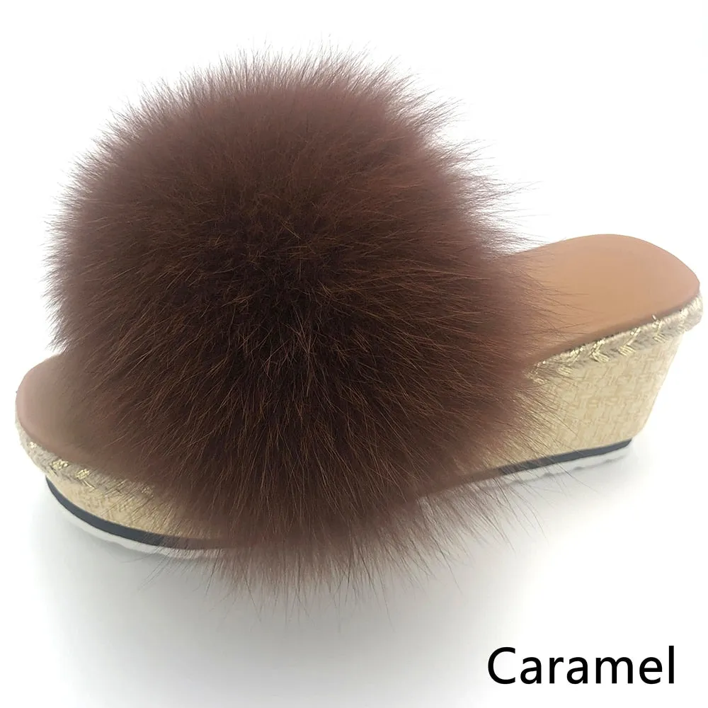 Women's Luxury Summer Real Fox Fur Caramel Color House Slippers