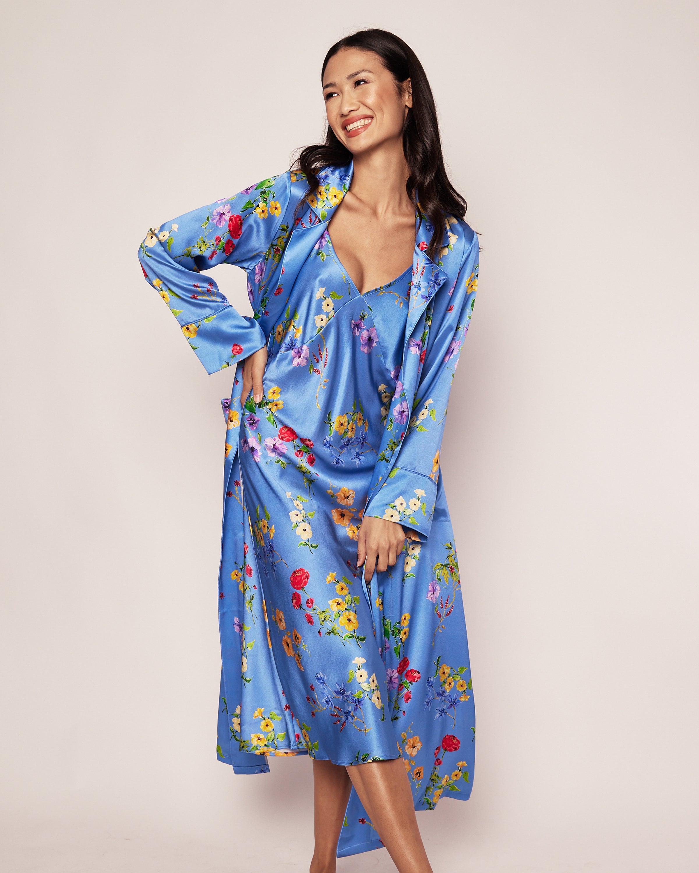 Women's Silk Robe in Azure Brilliant Botanical