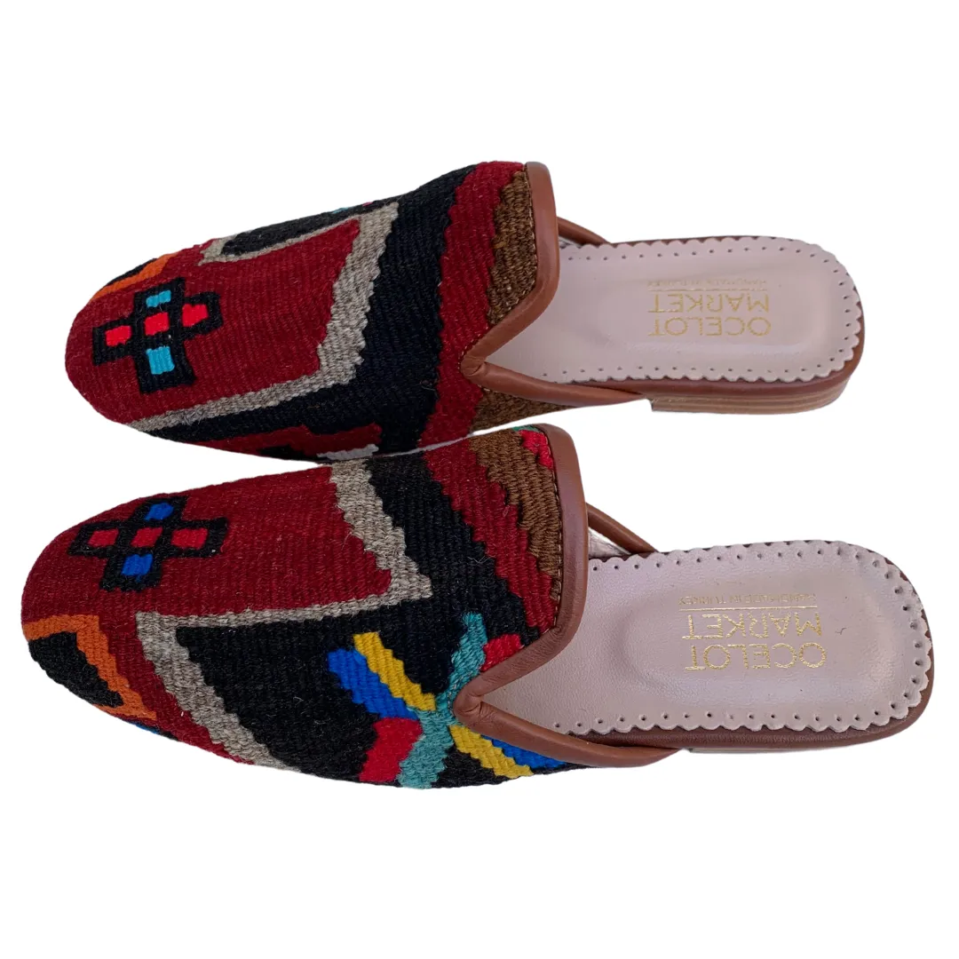 Women's Turkish Kilim Mules | Red Pattern