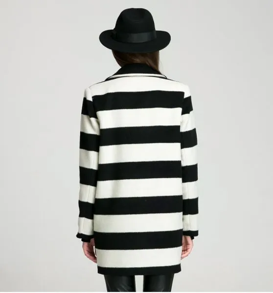 Wool Winter Coat for Women with Large Black White Stripes