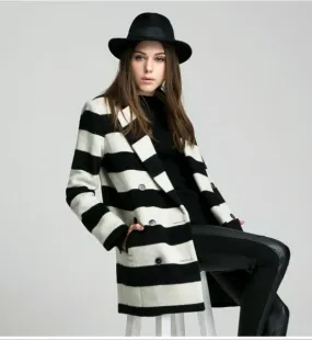 Wool Winter Coat for Women with Large Black White Stripes