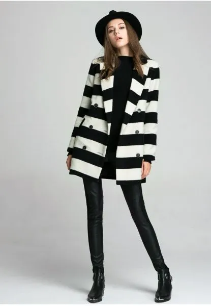 Wool Winter Coat for Women with Large Black White Stripes