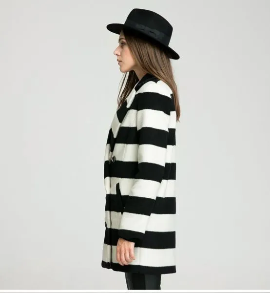 Wool Winter Coat for Women with Large Black White Stripes